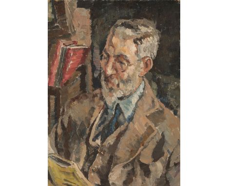 •VLADIMIR POLUNIN (1880-1957) Self portrait of the artist reading, oil on board, 49.5cm x 35cm (unframed)
