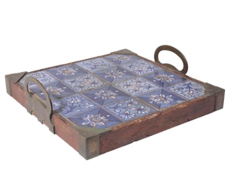 AESTHETIC MOVEMENT "TILE TOP" CHOPPING BOARD, the tiles that probably of MAW or Minton, each with repeat flower head decorati