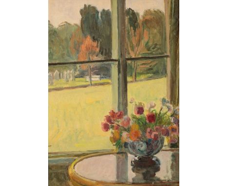 •VANESSA BELL (1879-1961) 'View from the Drawing Room, Crichel House', flowers in a vase by a window, with garden and graveya