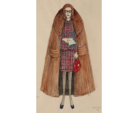 •SUE MACCARTNEY-SNAPE (b. 1957) 'Manhattan Wife' a full-length caricature style study of Gloria, Mrs Barney Gruzman III, a pa