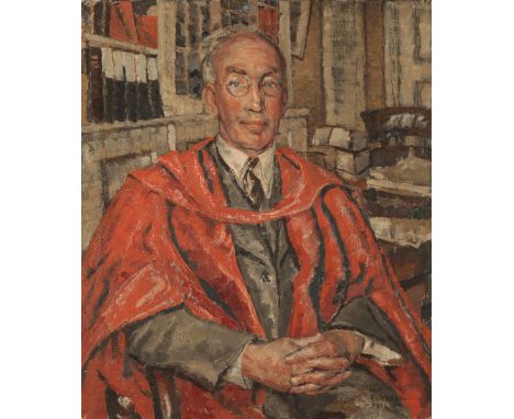 •ELIZABETH VIOLET POLUNIN (1887-1950) A half-length portrait of a man wearing academic regalia, seated in a study, his hands 