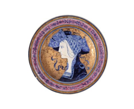 ZSOLNAY PECS: AN ART NOUVEAU LUSTREWARE CHARGER, circular form, the centre decorated with a profile of a lady, the border wit