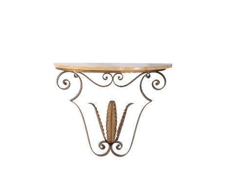 •PIER LUIGI COLLI: A GILT WROUGHT IRON, GLASS AND SIENNA MARBLE CONSOLE TABLE AND MIRROR, the serpentine fronted thick glass 