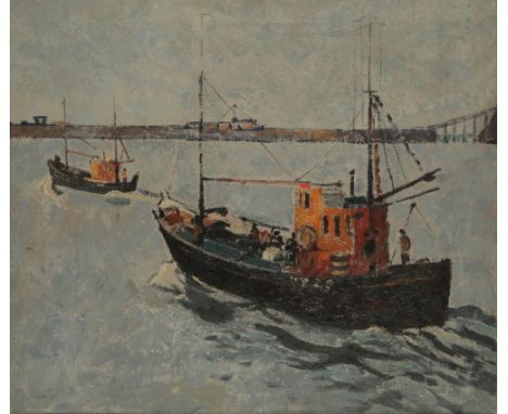 •CHRISTOPHER SANDERS (1905-1991) 'Trawlers leaving Whitby Harbour' signed lower left, titled and further signed verso, oil on