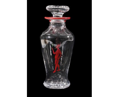 STUART: AN ART DECO "DIABLO" ENAMELLED CRYSTAL GLASS DECANTER, baluster form with mushroom shaped stopper, decorated with a r