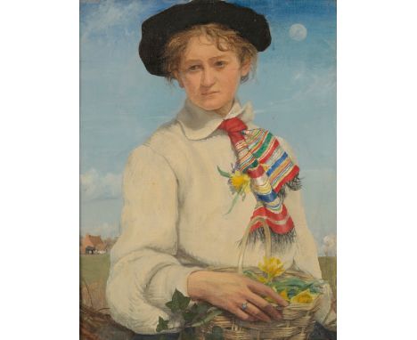 •MAXWELL ASHBY ARMFIELD (1881-1972) 'Daisy - A Portrait of the Artist's Sister' circa 1902, depicted half-length collecting f