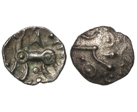 Ancient British, Celtic silver unit of the Dobunni, inscribed issue, EISV, Crude head right / Horse left, Spink 382, with old