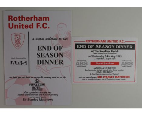 Rotherham United Menu &amp; Ticket for end of season dinner held at Swallow Hotel 24/5/1995, special guest Stanley Matthews, 