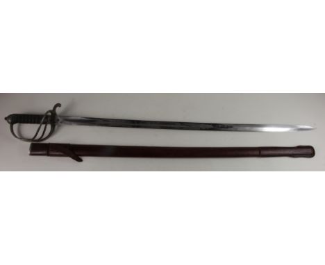 Infantry Officers sword with leather field scabbard, blade maker marked Austin &amp; Oaker London. Blade etched to the Royal 