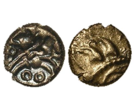 Ancient British, Celtic gold [debased?] quarter stater, East Wilts, 'Vale of Pewsey' type, with ticket by Silbury Coins, VF&n