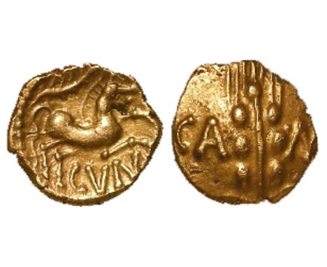 Ancient British, Celtic, gold quarter stater of the Catuvellauni of Cunobelin, Linear Type, Corn ear dividing CA MV / Horse r
