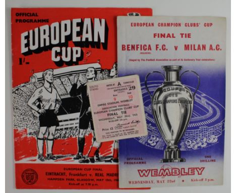 European Cup Finals Eintract Frankfurt v Real Madrid at Hampdon Park 18/5/60, and Befica v Milan with Ticket at Wembley 22/5/