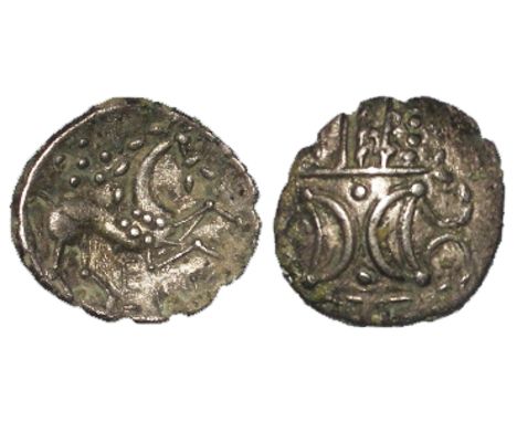 Ancient British, Celtic. silver unit of the Iceni, from the Inscribed Series, ECE, Crescents back to back / Horse right, Spin