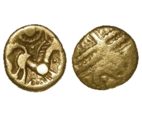 Ancient British, Celtic, gold quarter stater of the Belgae, Petersfield Wreath Face type, Spink - , ABC 773, with ticket and 