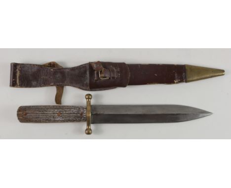 German Hunting dagger with brass crass guard stamped '24. J.D.', and stag horn grips, with a leather and brass scabbard