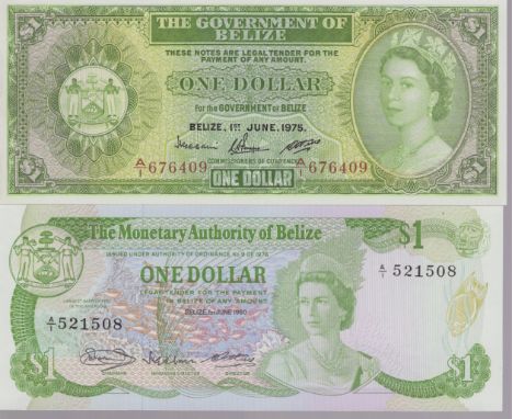 Belize (2) 1 Dollar P33b, first prefix A/1 (1975), 1 Dollar P38a, A/1 prefix (1980), UNC