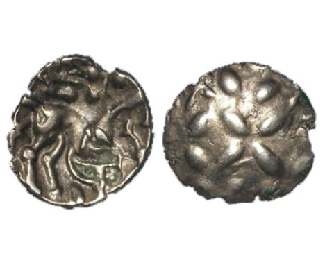 Ancient British, Celtic, silver half-unit of the Corieltauvi, Inscribed Coinage, Flower like wreath / Horse right, VE:. below