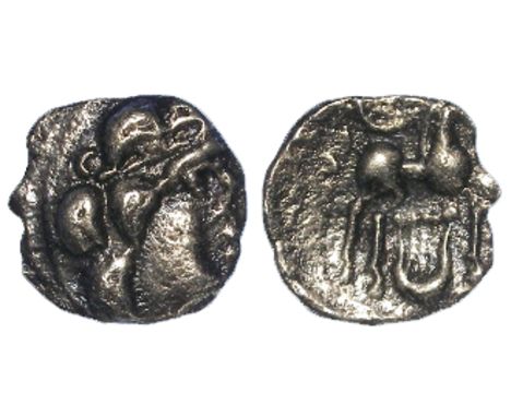 Ancient British, Celtic, silver unit of the Regini, Sussex Lyre type, Diademed head right, with large curls / Horse right wit