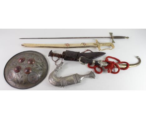 Victorian era Masonic style Sword (no scabbard), plus a modern Indian style sword with scabbard, a Kukri knife, small Indo-Pe