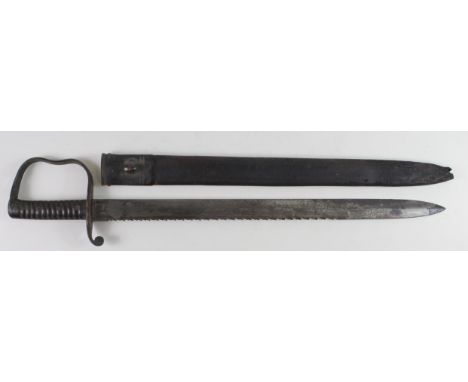 Sword: An 1856 Pattern Pioneers sword. Straight spear point blade with sawback 22.5". Maker marked 'Wilkinson' &amp; 'London'