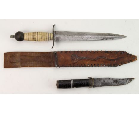 Knives: 1) An Indian dagger D/E blade 8" ribbed bone grip with steel ball pommel. In its leather scabbard with Cobra decorati