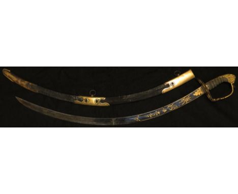 British 1796 Cavalry Officers blue &amp; gilt Sword with curved etched blade, with crowned GR. With black leather and gilt me