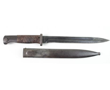 German k98 Bayonet with bakerlite grips and metal scabbard, blade sharpened otherwise good, blade marked '1699' and '44 cul'.