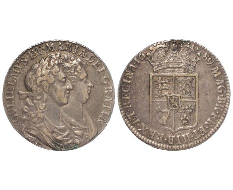 Halfcrown 1689 PRIMO, 1st reverse, no frosting, with pearls, S.3434, toned VF, a few old scratches and a dark patch 6 o'clock