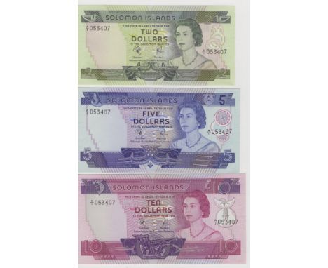 Solomon Islands (3) 10, 5 &amp; 2 Dollars P5a - P7a (1977), set of first series with matching serial number A/1 053407, all U