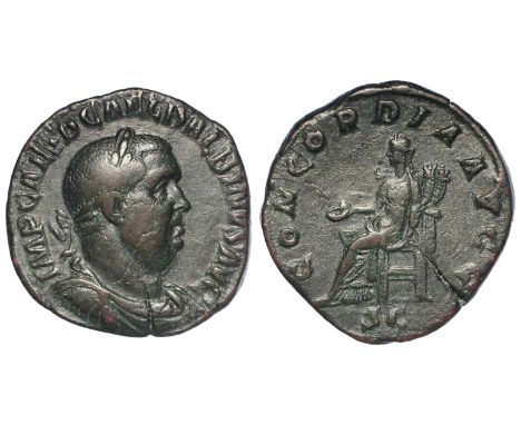 Balbinus 22 April - 29 July 238 A.D., brass sestertius, Rome Mint 238 A.D., reverse reads:- CONCORDIA AVGG, Concordia seated 