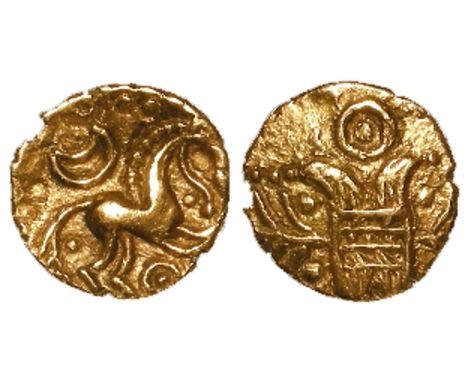 Ancient British, Celtic, gold quarter stater of the Iceni, Irstead type, Hatched box, wreaths at sides / Horse right, Spink 4