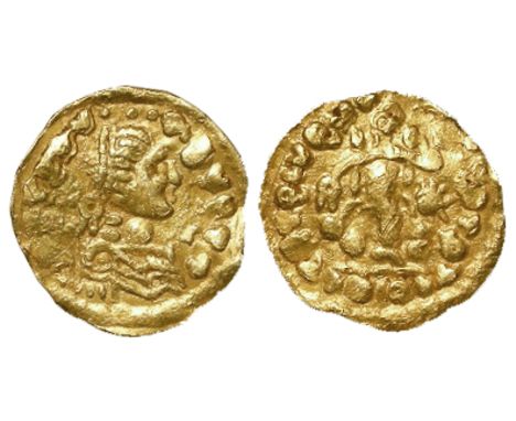 Merovingian pesudo imperial N.E.Empire, Frisia, 560-580 A.D., Lower Rhineland, gold tremissis, obverse:- Romanised head right