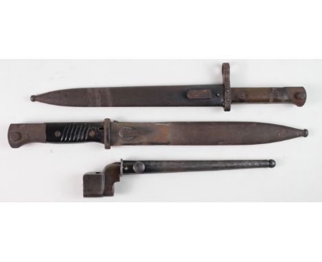 Bayonets: 1) WW1 Austrian Model 1895 Knife Bayonet. Good blade marked 'OEWG' &amp; 'G'. In its blued steel scabbard. Light su