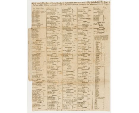 Broadside.- A List of the Members of both Houses of parliament that were Forceably Secluded by the Army in the Year 1648, 383