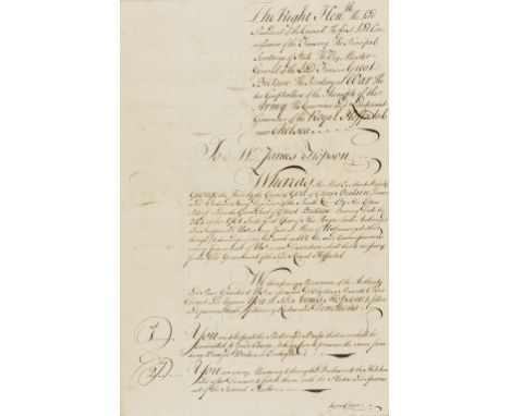 Royal Hospital Chelsea,.- Instructions to Mr James Hopson Sculleryman of Chelsea Hospital, D.s. "H Fox", "C Townshend", "Ilch