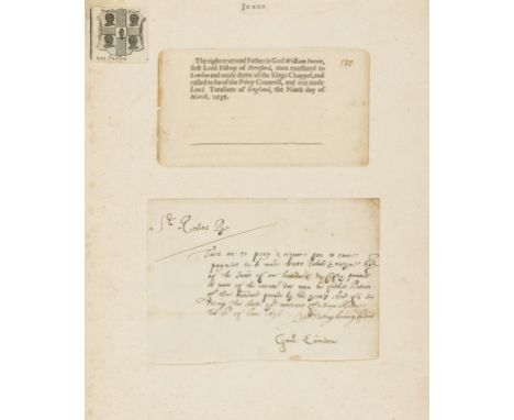 Juxon (William, Archbishop of Canterbury, bap. 1582, d. 1663) Order to Sir Robert Pye to pay one hundred and fifty pounds to 
