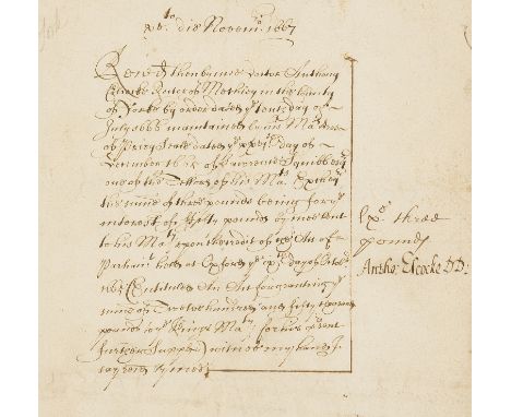 Manuscript documents etc.- Collection, including: Receipt signed by Anthony Elcock for £3 on £50 lent to His Majesty, 1667; c