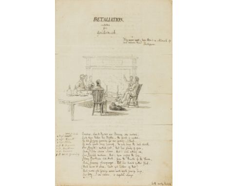 NO RESERVE Satirical poem.- Retaliation imitated from Goldsmith, manuscript, 3pp., monochrome watercolour of friends sitting 