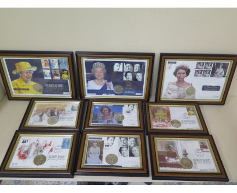 A collection of nine framed £5 coin First Day covers, all good condition 