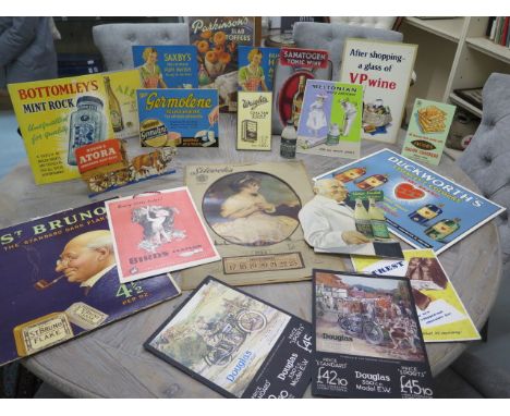 A good collection of 20 vintage shop card adverts and a meltonian spirit white bottle 