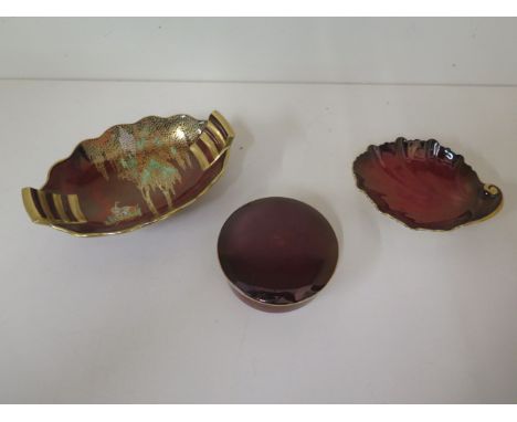 Three pieces of Rouge Royale Carltonware; trinket box with lid, small trinket dish, larger highly decorated dish, all good co