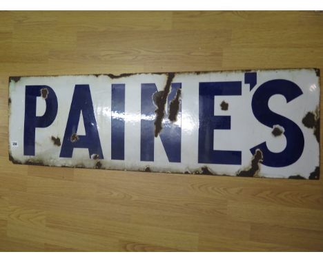 A vintage enamel blue and white Paine's enamel sign, 114cm x 36cm, chips to enamel and rusting- please see images for conditi