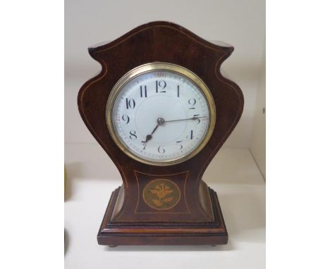 An Edwardian inlaid balloon shape mantle clock, 8 day movement, 24cm tall with keys, in running order 