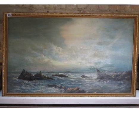 An oil on canvas Seascape signed J M Gilbert (1886-1947) in a gilt frame, frame size 61cm x 97cm, with a woodland scene paint