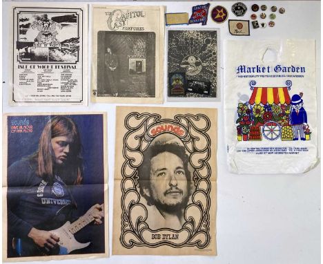 An excellent collection of music ephemera and promotional items, many c 1970s. To include: sew on patches inc Lynrd SKynrd, R