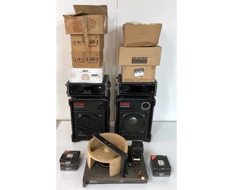 A pair of HH electronic PRO-100, a pair of HH electronic Mini Horns, 7 speaker cones (Celestion, Peavey, Carlsbro, etc), 2 Ce