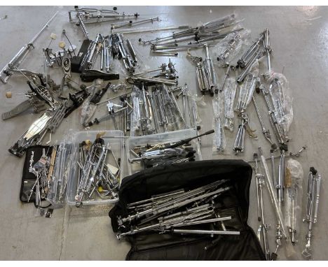 A large collection of drum stands, Kick pedals and hi-hat pedals to include Pearl, Premier, Yamaha, Rogers, Beverley etc.COLL