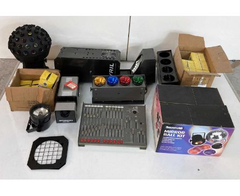 A mixed lot of lighting equipment including lights, bulbs, a lighting desk etc. To include an Optikinetics Solar 250 projecto