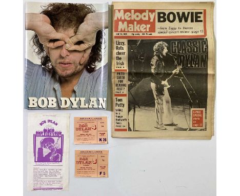 Collection of Bob Dylan memorabilia: an original handbill for the 1970 Isle of Wight festival (13.5 x 25.5cm), two ticket stu