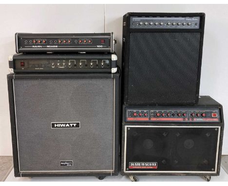 A Hiwatt M412 amplifier, A Custom Sound Model 705 amp, a Harley Benton HB115B MKII guitar amplifier, a Raven Roadie 100 amp h